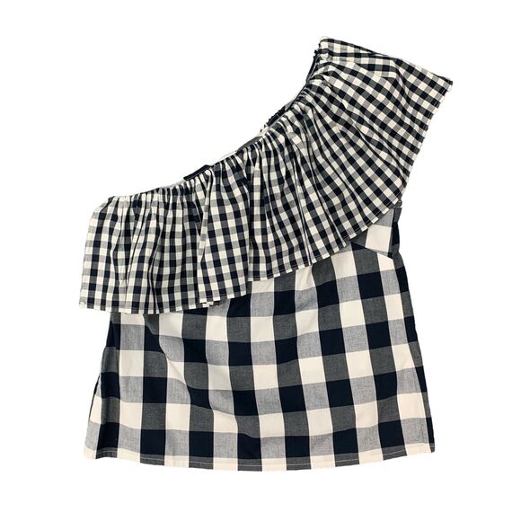 J Crew Top Womens 2 Navy Gingham Plaid Cotton Stretch Poplin Ruffle One Shoulder - Picture 1 of 12